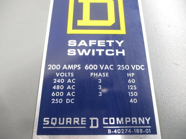SQUARE D HU-364-AWK SER. D4 600VAC 200A NSNP