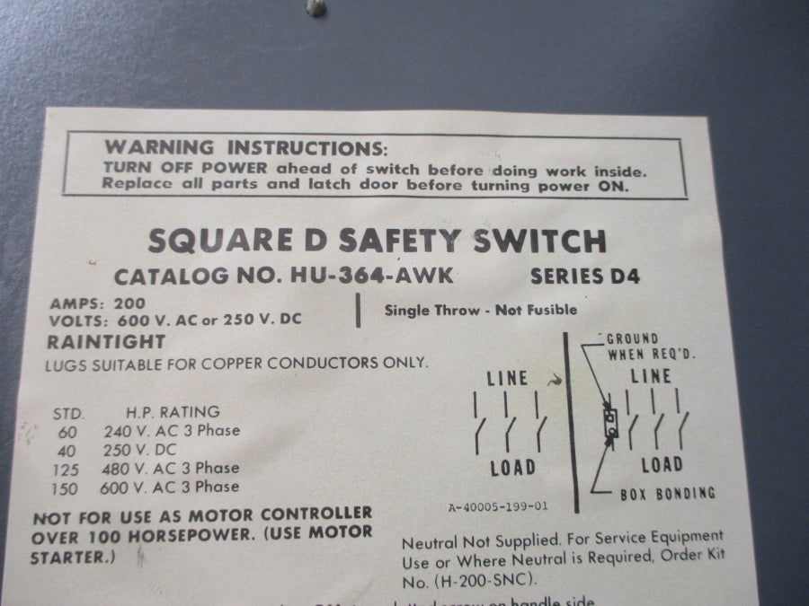 SQUARE D HU-364-AWK SER. D4 600VAC 200A NSNP