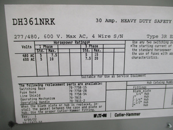 EATON DH361NRK SER. A 600VAC 30A NSMP