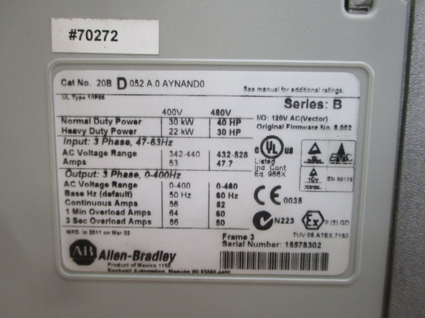 ALLEN BRADLEY 20BD052A0AYNAND0 SER. B F/W 8.002 432-528VAC 82A (AS PICTURED) UNMP