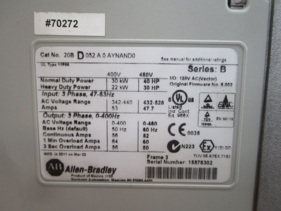 ALLEN BRADLEY 20BD052A0AYNAND0 SER. B F/W 8.002 432-528VAC 82A (AS PICTURED) UNMP