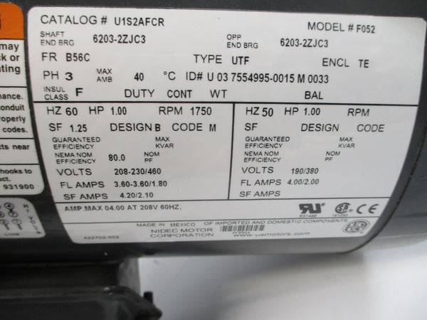 US MOTORS U1S2AFCR F052 208-230/460V 3.60-3.60/1.80A NSNP