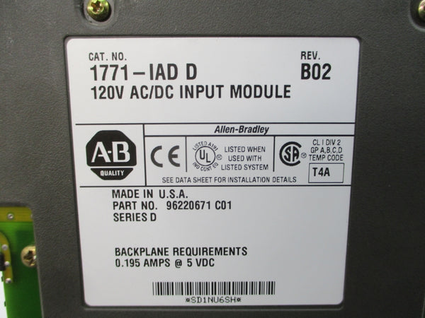 ALLEN BRADLEY 1771-IAD SER. D 120VAC/DC 0.195A REV. B02 NSMP