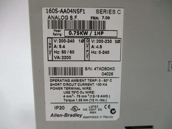 ALLEN BRADLEY 160S-AA04NSF1 SER. C F/W 7.06 200-240V 9.4A NSNP