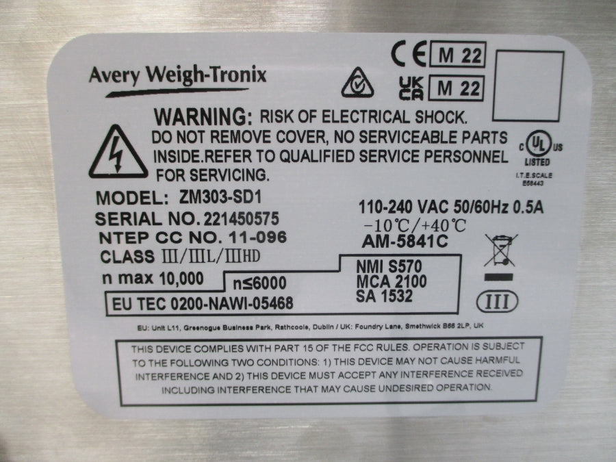 AVERY WEIGH-TRONIX ZM303-SD1 AWT05-505796 110-240VAC 0.5A NSMP
