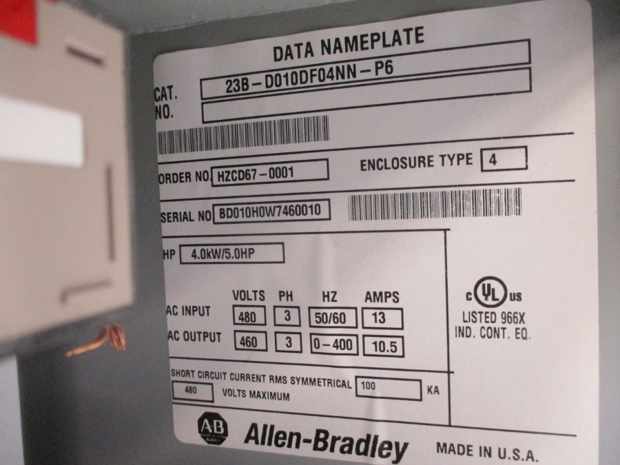 ALLEN BRADLEY 23B-D010DF04NN-P6 480VAC 13A NSNP