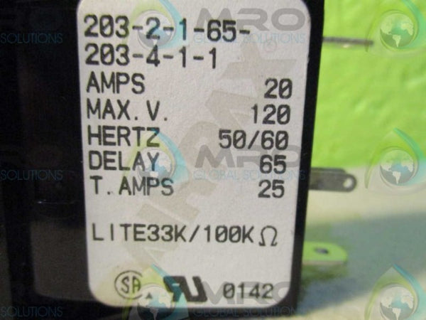 AIRPAX 203-2-1-65-203-4-1-1 CIRCUIT BREAKER 20A 32VDC ROCKER NSNP