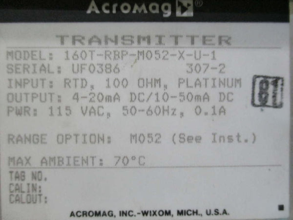 ACROMAG 160T-RBP-M052-X-U-1 TRANSMITTER  UNMP