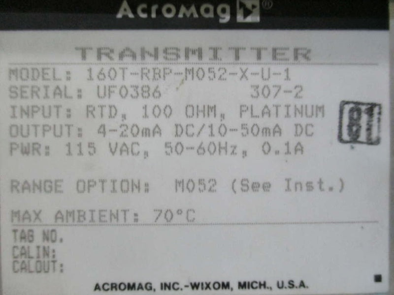 ACROMAG 160T-RBP-M052-X-U-1 TRANSMITTER  UNMP