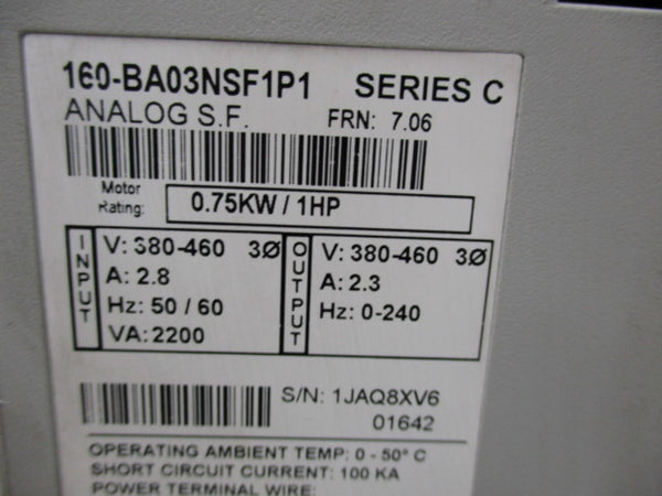 ALLEN BRADLEY 160-BA03NSF1P1 SER.C FRN 7.06 VARIABLE SPEED DRIVE  UNMP