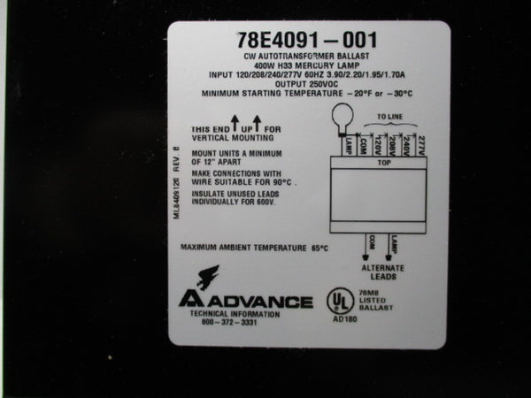ADVANCE 78E4091001 INDOOR ENCLOSED BALLAST 400W  NSMP