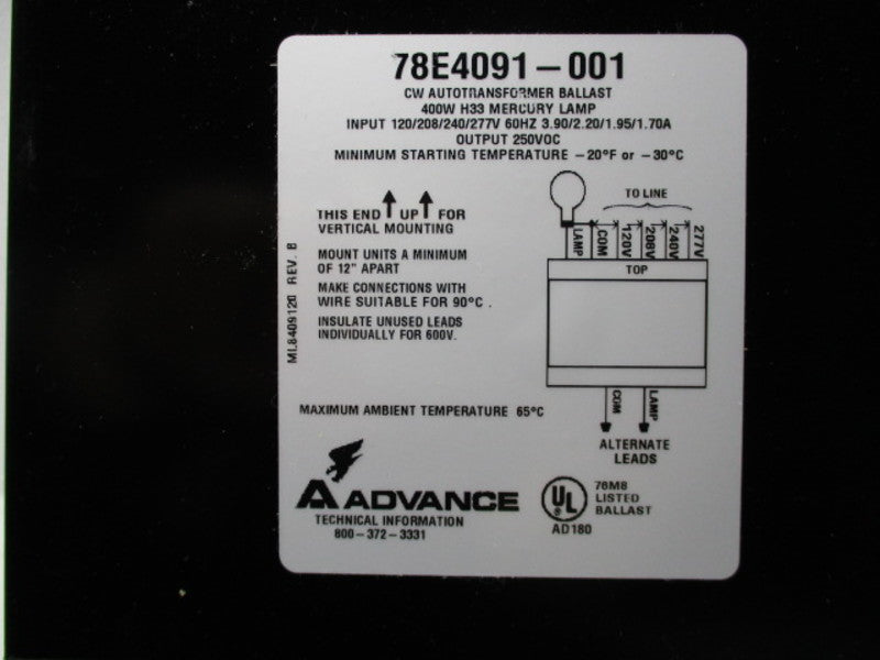 ADVANCE 78E4091001 INDOOR ENCLOSED BALLAST 400W  NSMP