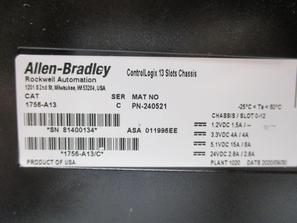 ALLEN BRADLEY 1756-A13 SER. C 24VDC 15A NSMP
