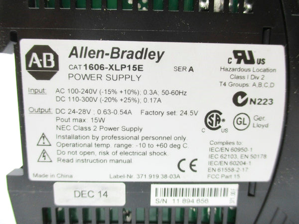 ALLEN BRADLEY 1606-XLP15E SER. A 100-240VAC 0.3A NSMP