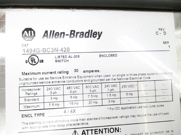 ALLEN BRADLEY 1494G-BC3N-420 SER. 1 600VAC 30A NSNP