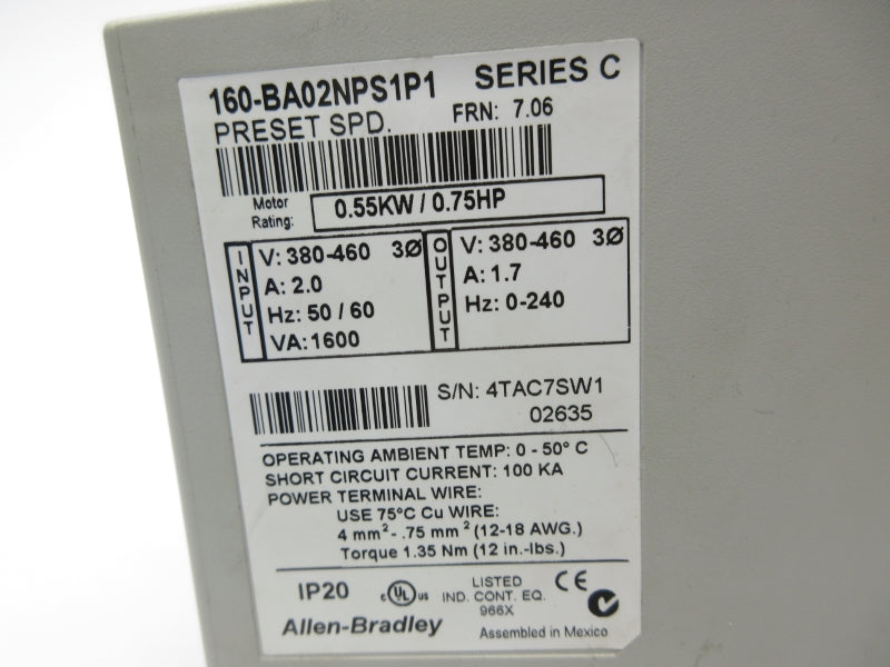 ALLEN BRADLEY 160-BA02NPS1P1 SER. C F/W 7.06 380-460V 2.0A NSNP
