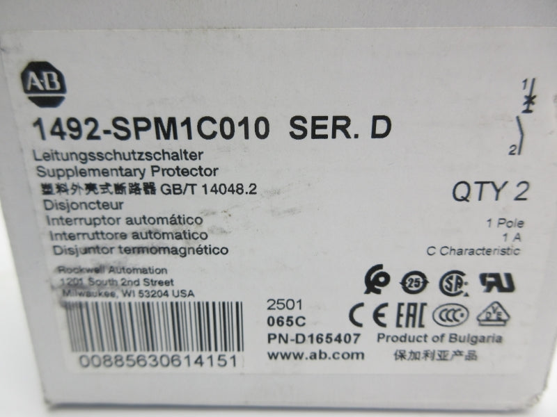 ALLEN BRADLEY 1492-SPM1C010 SER. D 277VAC 1A (PKG OF 2) NSMP