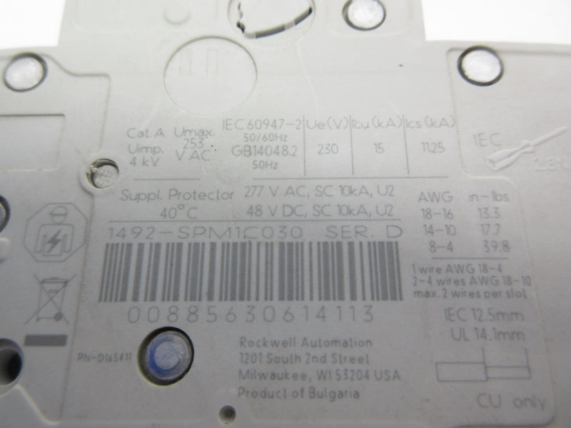 ALLEN BRADLEY 1492-SPM1C030 SER. D 277VAC 3A NSNP