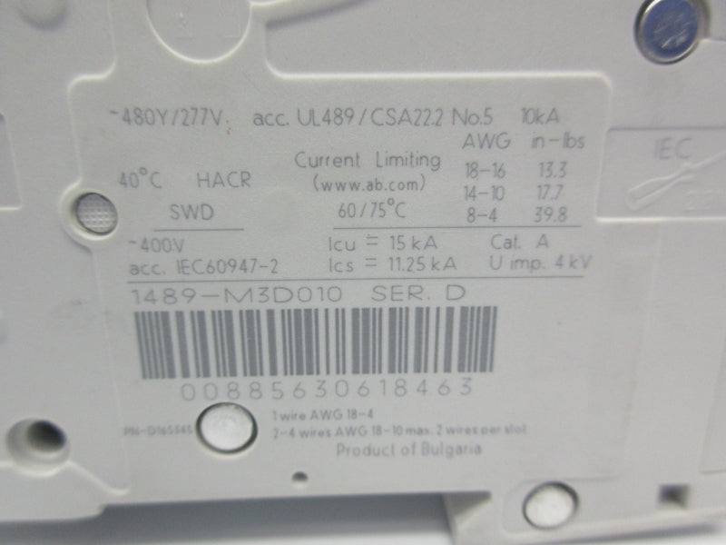 ALLEN BRADLEY 1489-M3D010 SER. D 277V 1A NSNP