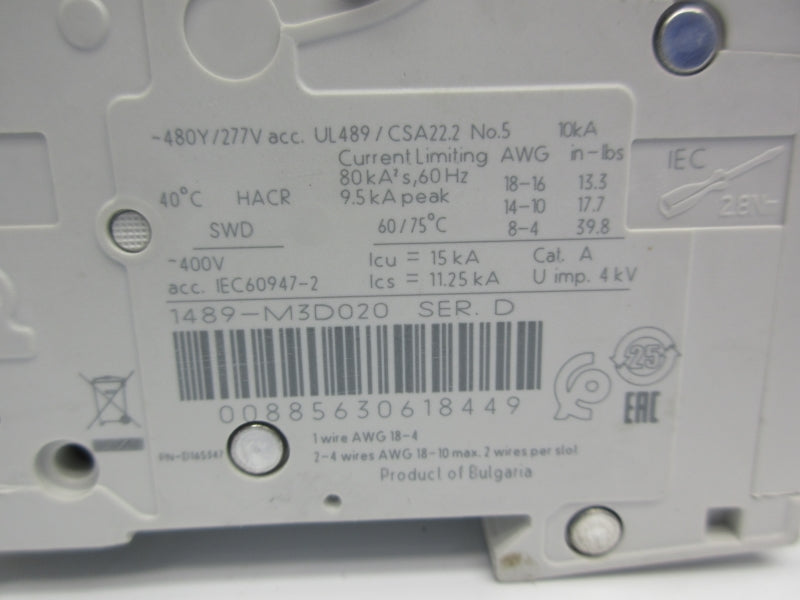ALLEN BRADLEY 1489-M3D020 SER. D 277V 2A NSNP