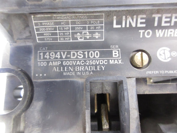 ALLEN BRADLEY 1494V-DS100 SER. B 600VAC 100A (AS PICTURED) NSNP