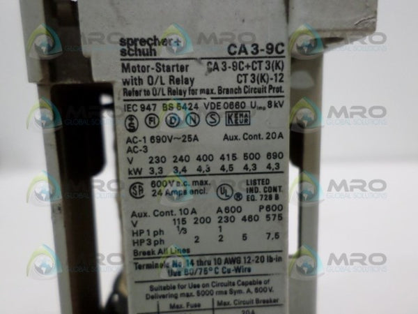 SPRECHER+SCHUH CA3-9C CONTACTOR w/ RELAY  UNMP