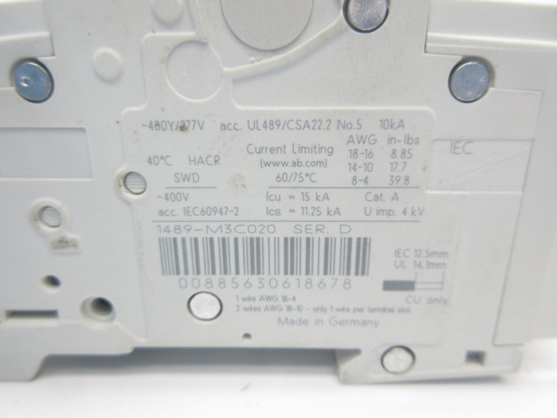 ALLEN BRADLEY 1489-M3C020 SER. D 277V 2A NSNP