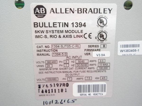 ALLEN BRADLEY 1394-SJT05-C-RL SER. B F/W V3.9A 380/460V 6.5A UNMP