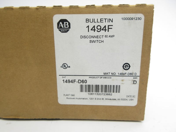 ALLEN BRADLEY 1494F-D60 SER. D 60A (BR/WH) NSMP