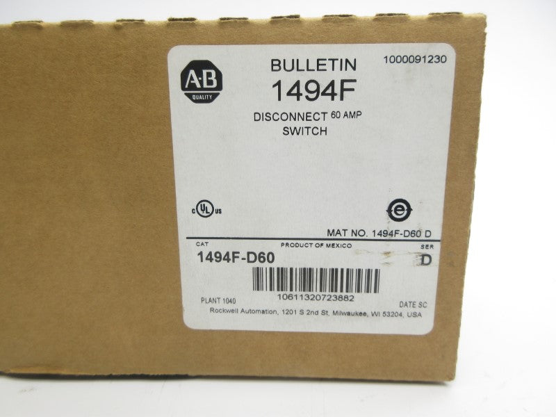 ALLEN BRADLEY 1494F-D60 SER. D 60A (BR/WH) NSMP