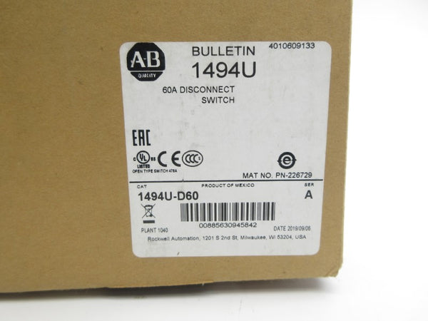 ALLEN BRADLEY 1494U-D60 SER. A 600V 60A (BR/WH) NSMP