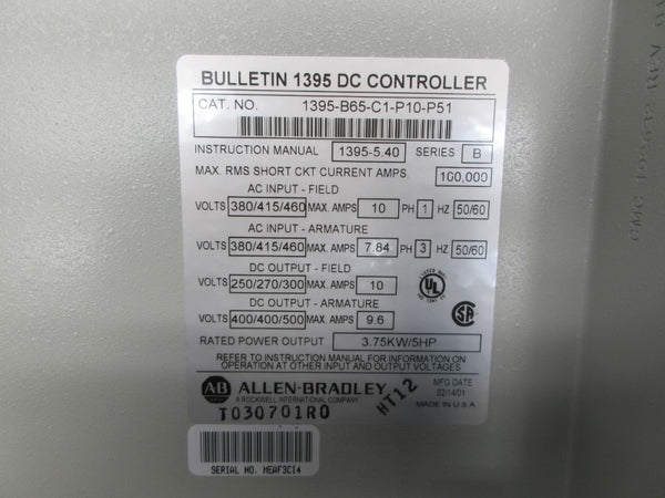 ALLEN BRADLEY 1395-B65-C1-P10-P51 SER. B 460VAC 10A NSNP