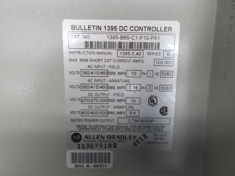 ALLEN BRADLEY 1395-B65-C1-P10-P51 SER. B 460VAC 10A NSNP
