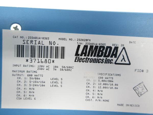 LAMBDA ELECTRONICS 233AB1A-0365 120/240VAC 10/7A REV. 2R UNMP
