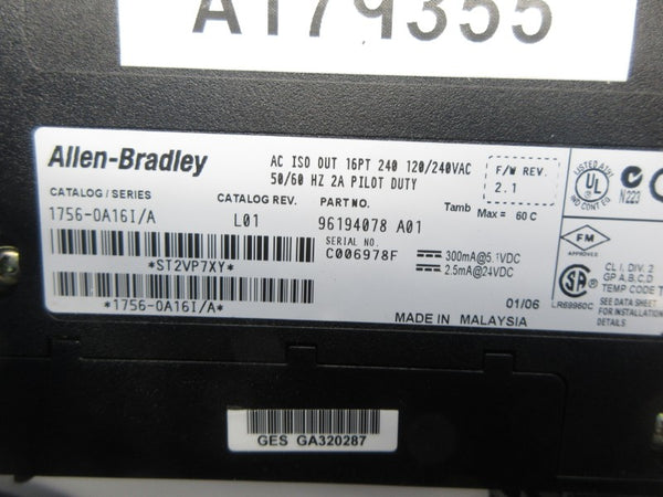 ALLEN BRADLEY 1756-OA16I SER. A F/W 2.1 120/240VAC REV. L01 NSNP