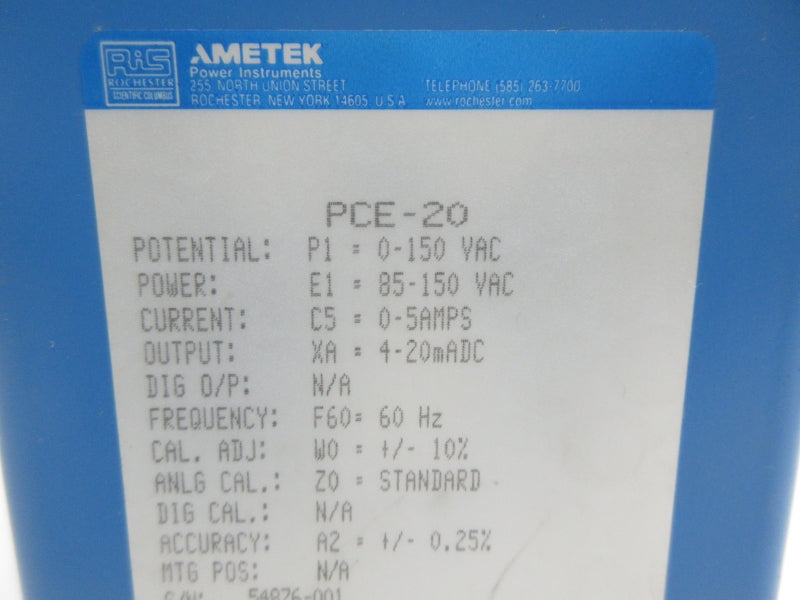 RIS PCE-20-P1-E1-C5-XA-F60-W0-Z0-A2 85-150VAC 0-5A NSNP