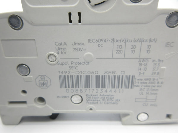 ALLEN BRADLEY 1492-D1C060 SER. D 220V 6A NSNP