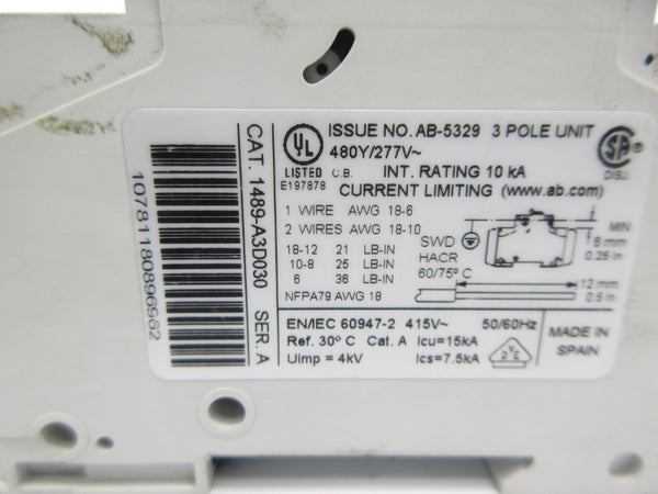 ALLEN BRADLEY 1489-A3D030 SER. A 277V 3A UNMP
