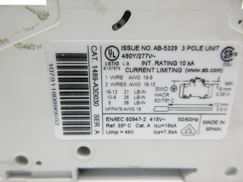 ALLEN BRADLEY 1489-A3D030 SER. A 277V 3A UNMP
