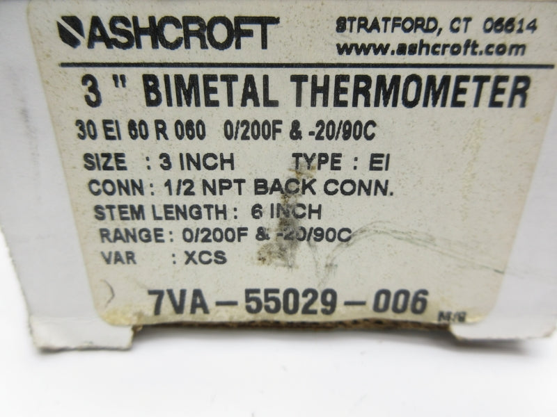ASHCROFT 30 EI 60 R 060 0/200F & -20/90C 3" NSMP