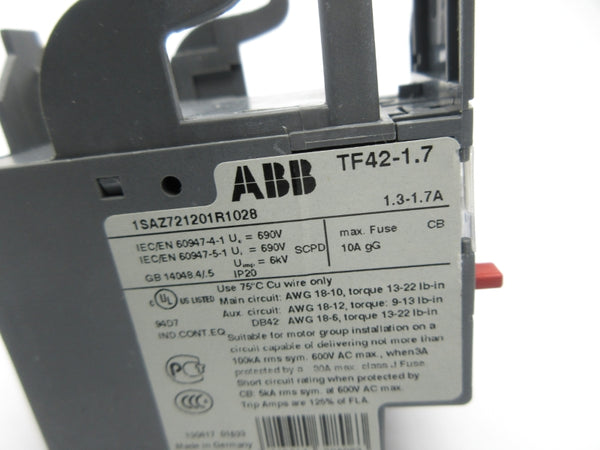 ABB TF42-1.7 1SAZ721201R1028 600VAC 1.3-1.7A NSNP