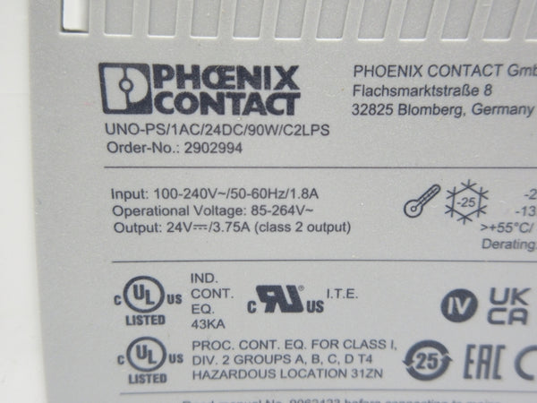 PHOENIX CONTACT UNO-PS/1AC/24DC/90W/C2LPS 2902994 100-240V 1.8A NSNP