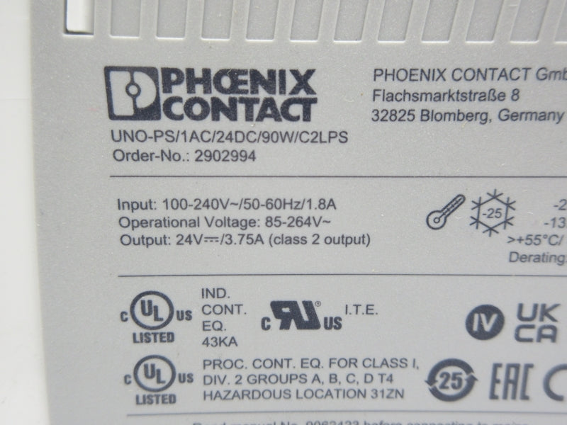 PHOENIX CONTACT UNO-PS/1AC/24DC/90W/C2LPS 2902994 100-240V 1.8A NSNP