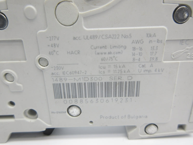 ALLEN BRADLEY 1489-M1D300 SER. D 277V 30A NSNP