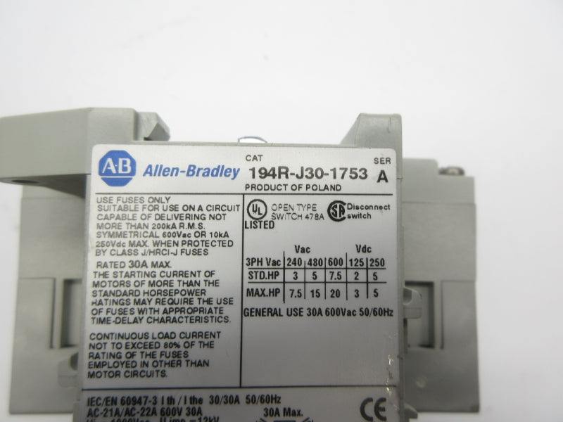 ALLEN BRADLEY 194R-J30-1753 SER. A 600VAC NSNP