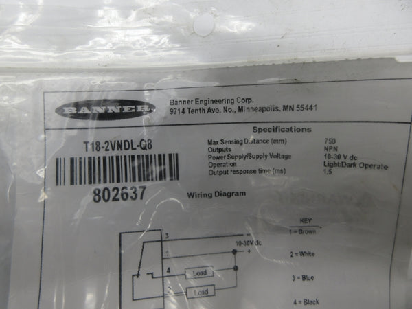 BANNER ENGINEERING T18-2VNDL-Q8 802637 10-30VDC NSMP