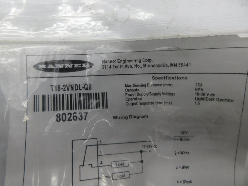 BANNER ENGINEERING T18-2VNDL-Q8 802637 10-30VDC NSMP