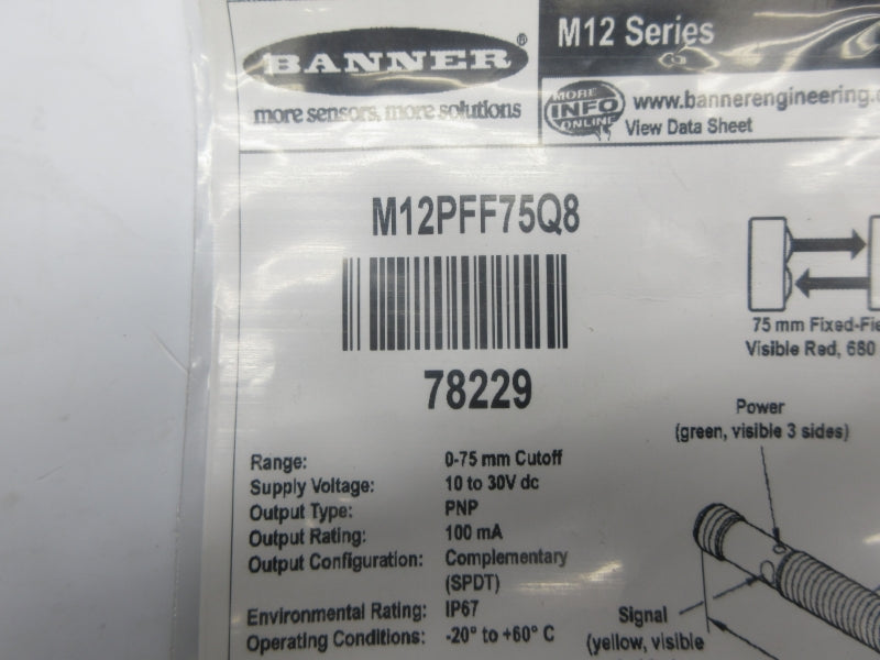BANNER ENGINEERING M12PFF75Q8 78229 10-30VDC NSMP