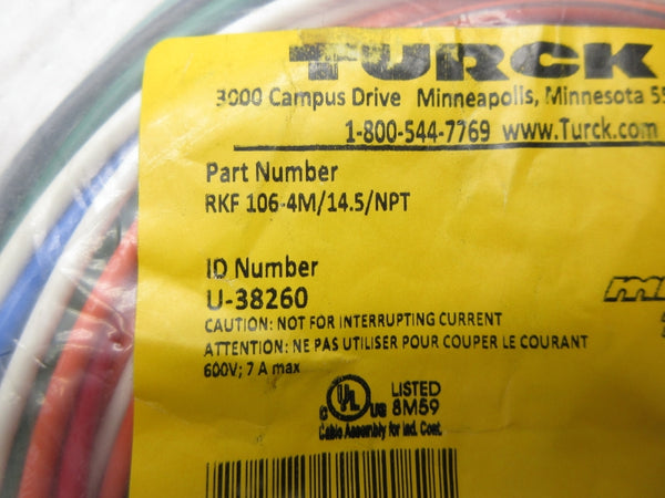 TURCK RKF106-4M/14.5/NPT U-38260 600V 7A NSMP