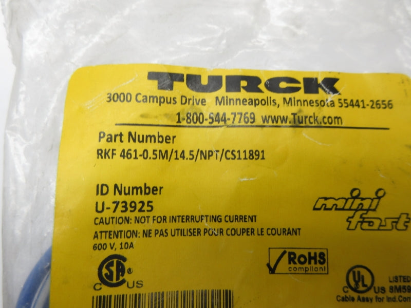 TURCK RKF461-0.5M/14.5/NPT/CS11891 U-73925 600V 10A NSMP